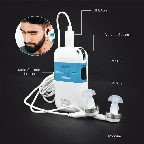 Unisound Pokettio Hearing Aid German Made Fashion Style 2Pin V-cord 6 Volume Adjustable Pocket Hearing Aid (Sky Blue, White)